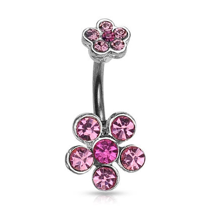 Double Flower CZ Crystal Cluster Belly Ring 14G 316L Surgical Steel