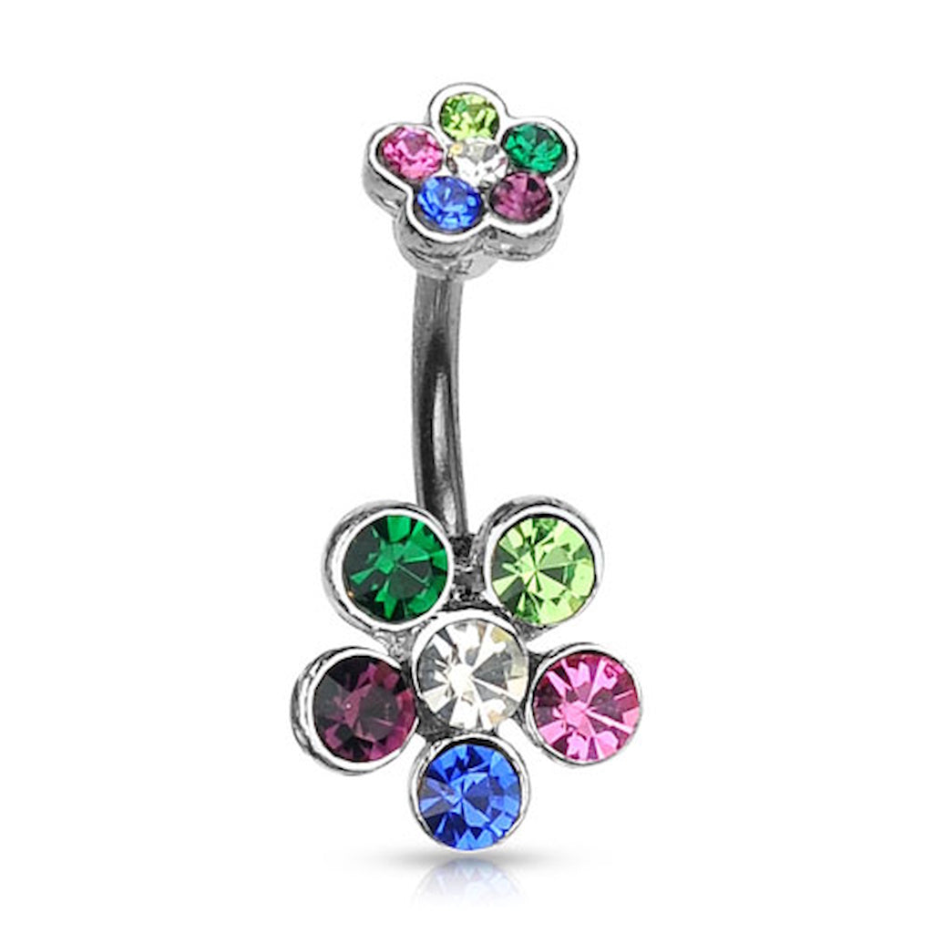 Double Flower CZ Crystal Cluster Belly Ring 14G 316L Surgical Steel