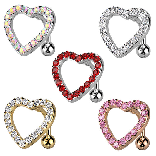 14G Surgical Steel Heart Belly Button Ring – CZ Paved with Swinging Top Down Bar