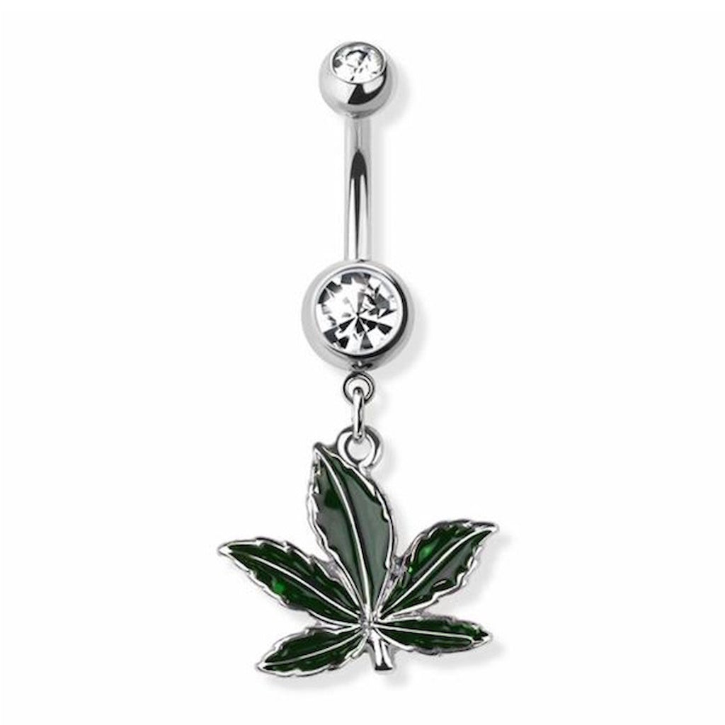 Weed Leaf CZ Dangle Belly Button Ring 14G 316L Surgical Steel