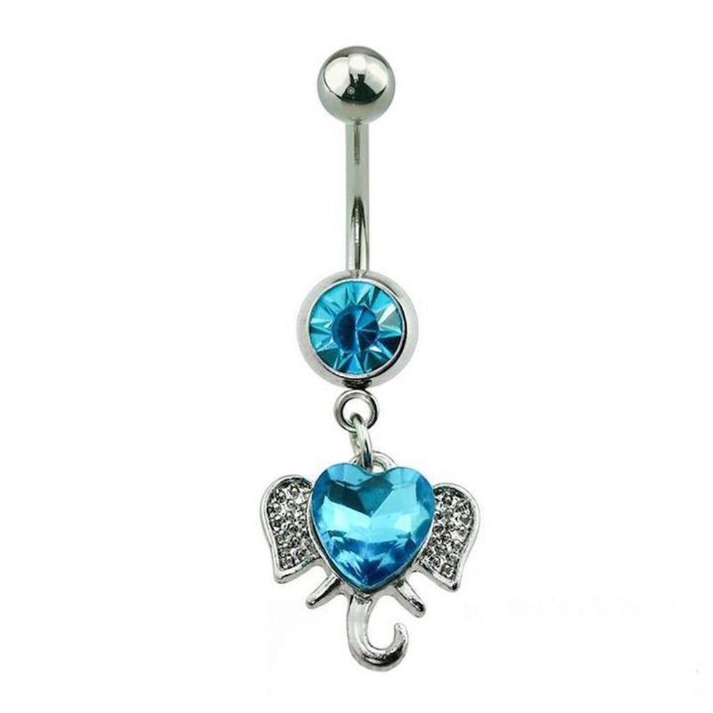 Blue Heart Elephant Gem Dangle Belly Ring 14G 316L Surgical Steel