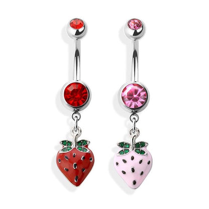 Pink Red Strawberry Dangle Belly Button Ring 14G 316L Surgical Steel