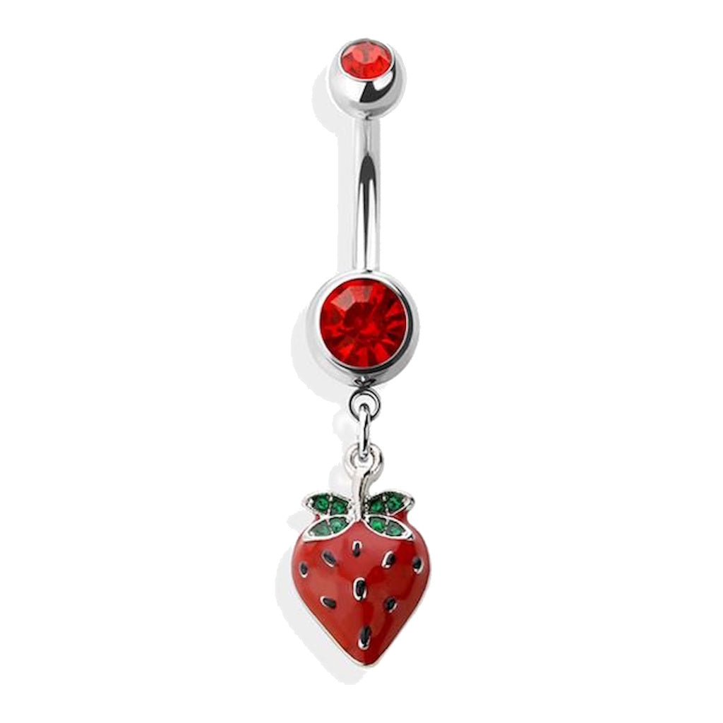 Pink Red Strawberry Dangle Belly Button Ring 14G 316L Surgical Steel