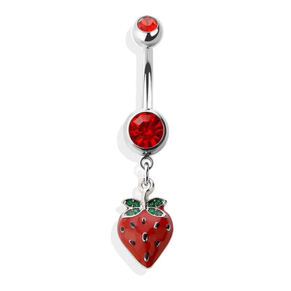Pink Red Strawberry Dangle Belly Button Ring 14G 316L Surgical Steel