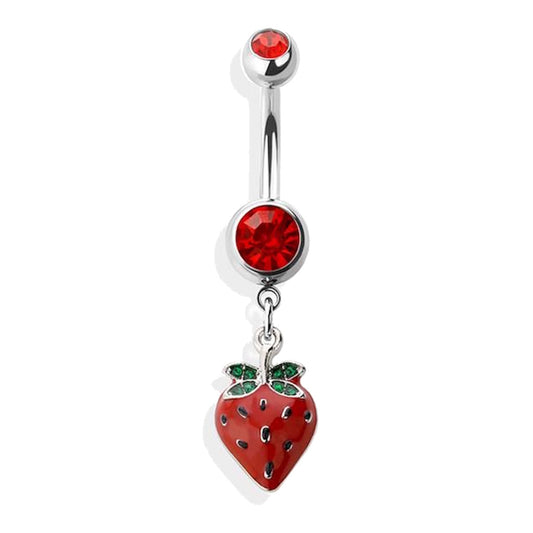 Pink Red Strawberry Dangle Belly Button Ring 14G 316L Surgical Steel