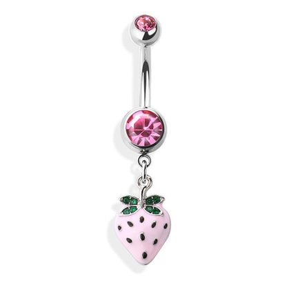 Pink Red Strawberry Dangle Belly Button Ring 14G 316L Surgical Steel