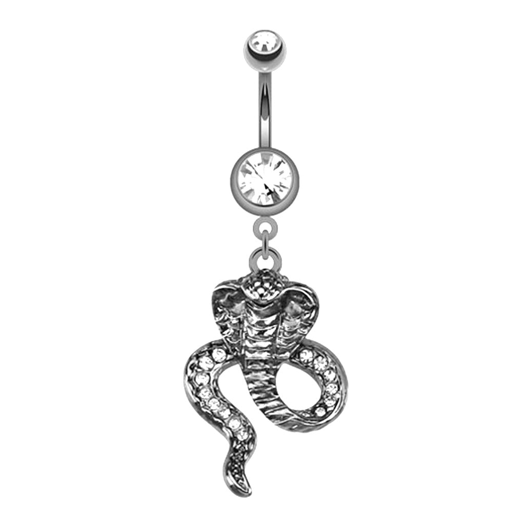 Cobra Snake CZ Dangle Belly Ring 14G 316L Surgical Steel Hematite