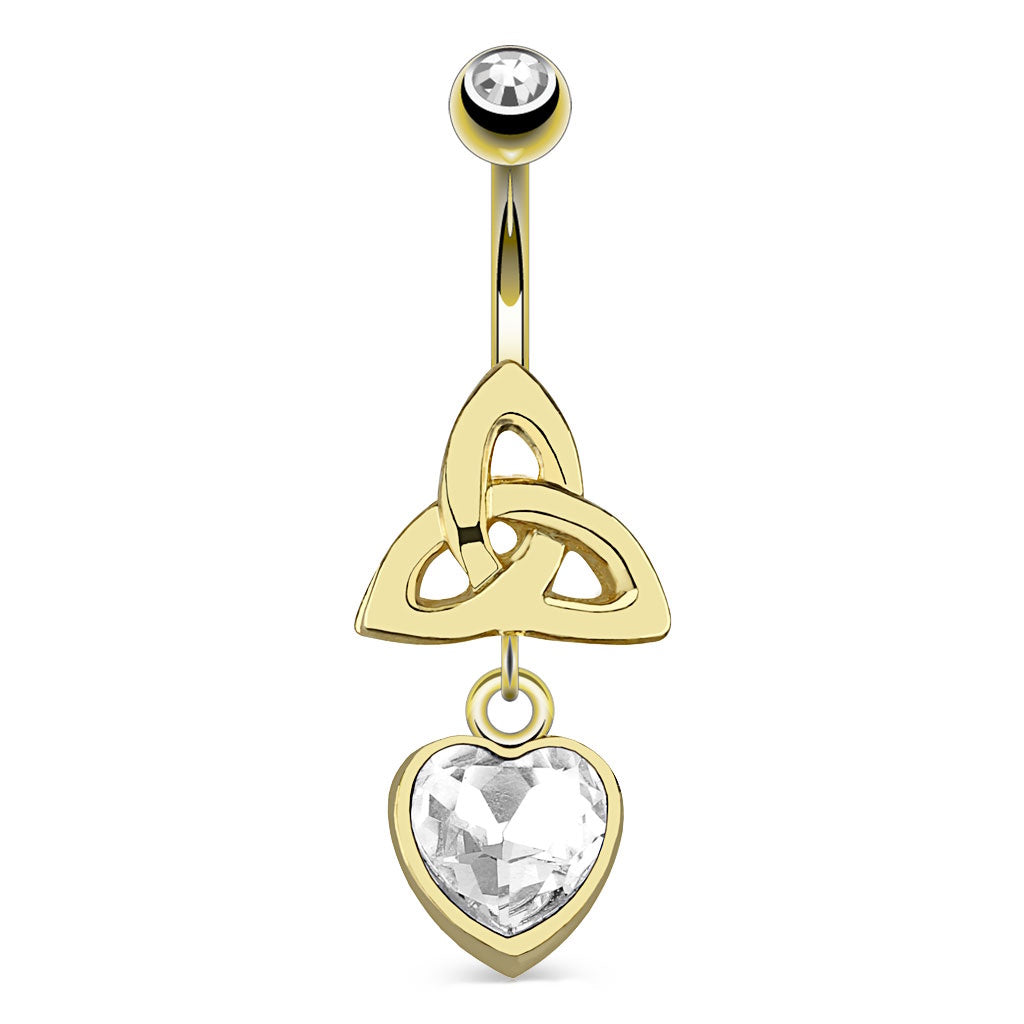 Gold Celtic Trinity Knot Heart Gem Dangle Belly Ring 14G 316L Surgical Steel