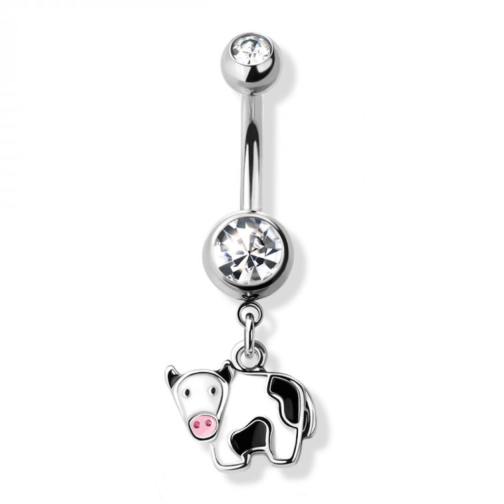 Enamel Cow CZ Dangle Belly Button Ring 14G 316L Surgical Steel