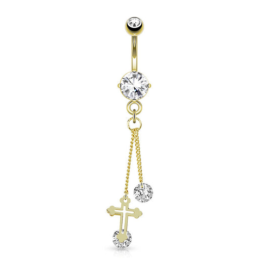Cross CZ Dangle Belly Button Ring 14G Gold Plated 316L Surgical Steel