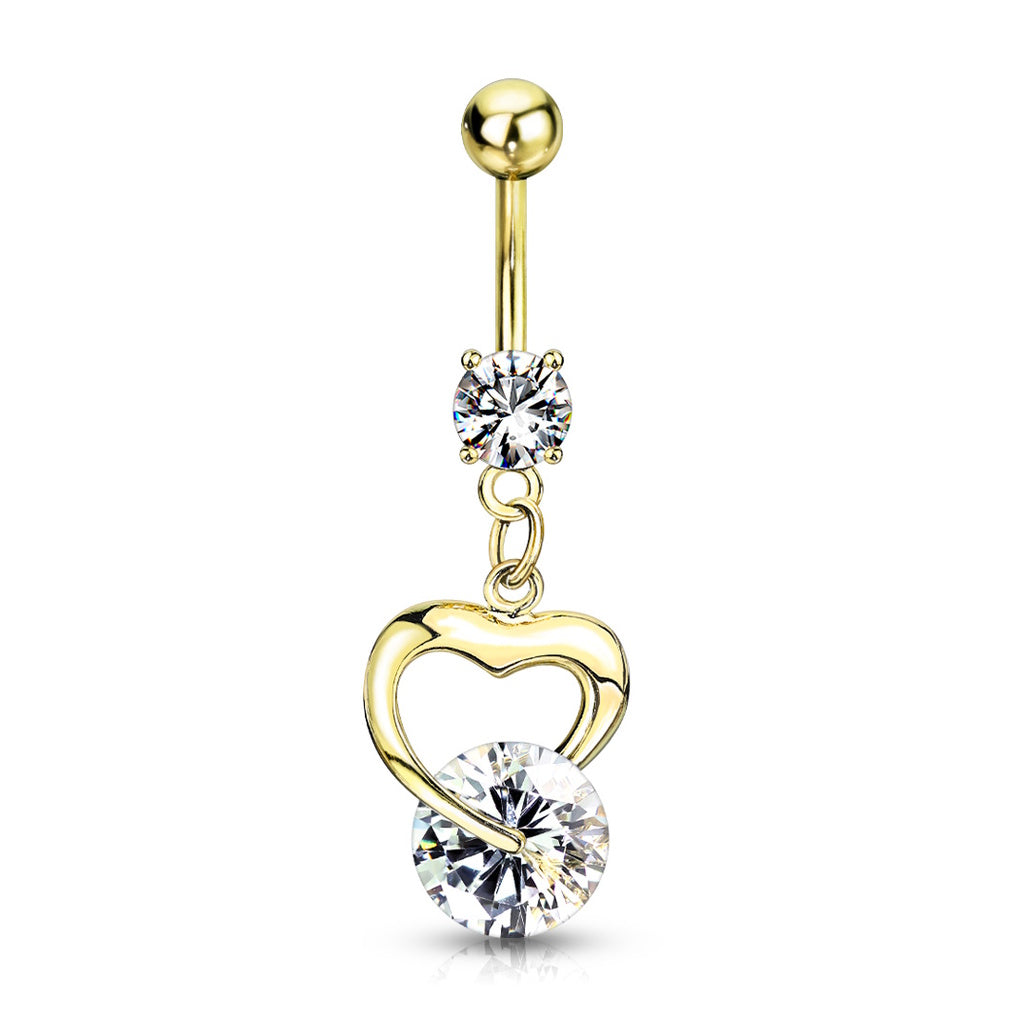 Heart Gem Dangle Belly Button Ring 14G 316L Surgical Steel