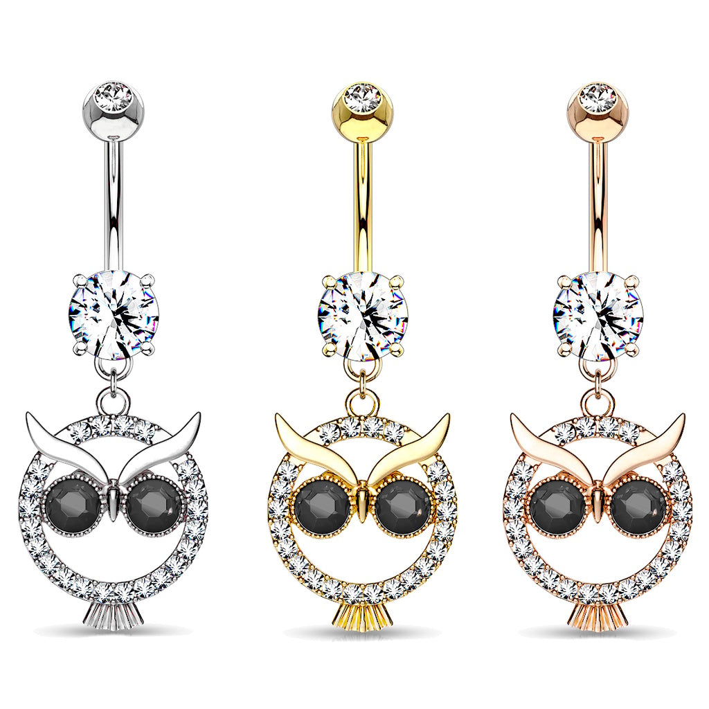 Sparkly CZ Owl Dangle Belly Button Ring 14G 316L Surgical Steel