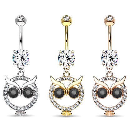 Sparkly CZ Owl Dangle Belly Button Ring 14G 316L Surgical Steel