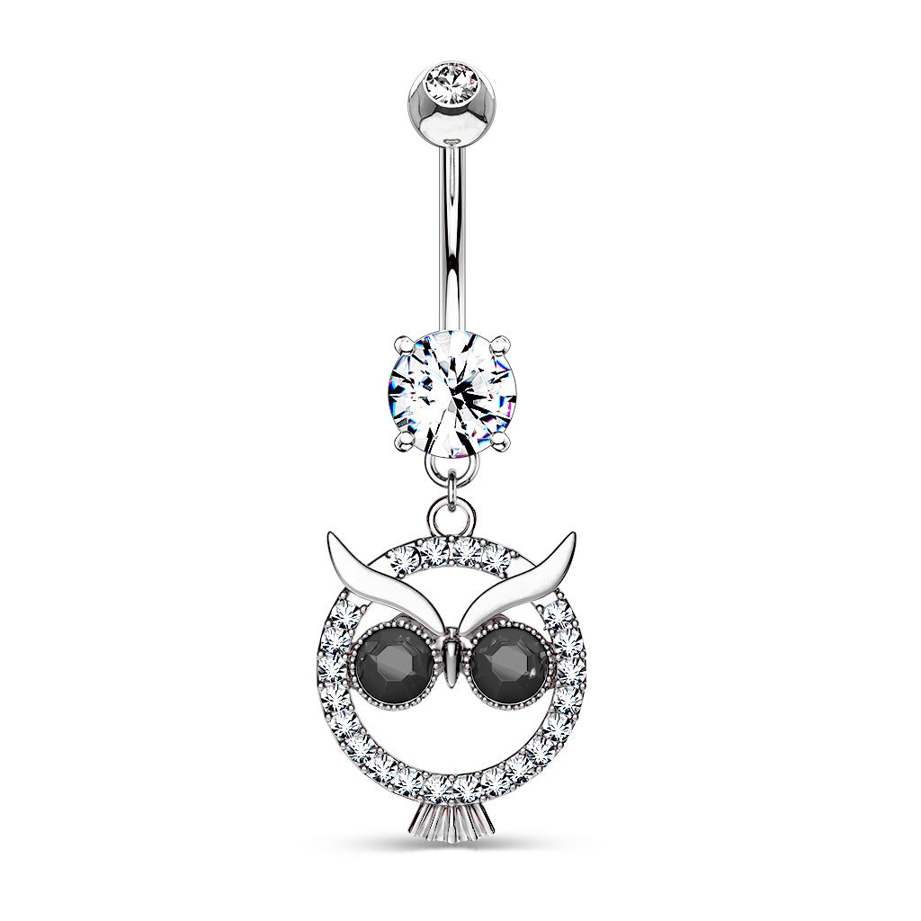 Sparkly CZ Owl Dangle Belly Button Ring 14G 316L Surgical Steel