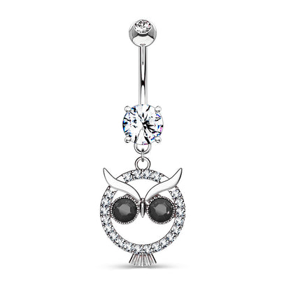 Sparkly CZ Owl Dangle Belly Button Ring 14G 316L Surgical Steel