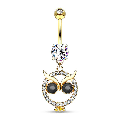 Sparkly CZ Owl Dangle Belly Button Ring 14G 316L Surgical Steel