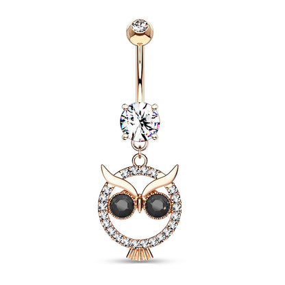 Sparkly CZ Owl Dangle Belly Button Ring 14G 316L Surgical Steel
