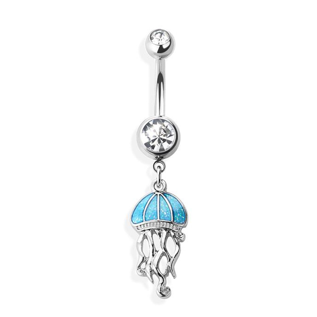 Blue Jellyfish Opal CZ Dangle Belly Button Ring 14G 316L Surgical Steel