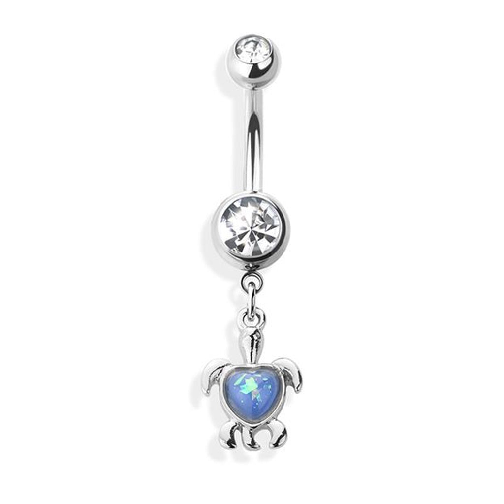 Blue Opal Sea Turtle CZ Dangle Belly Button Ring 14G 316L Surgical Steel