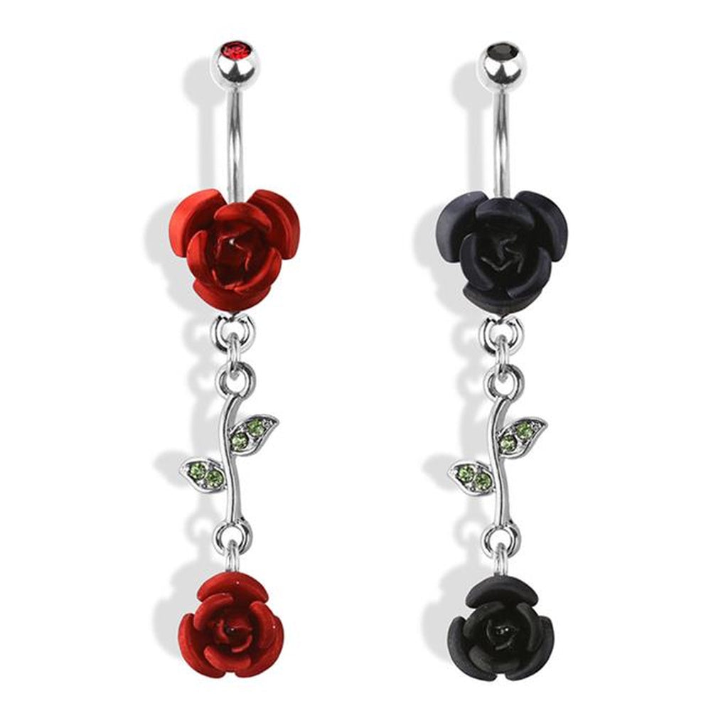 Rose Flower Dangle Belly Button Ring 14G 316L Surgical Steel