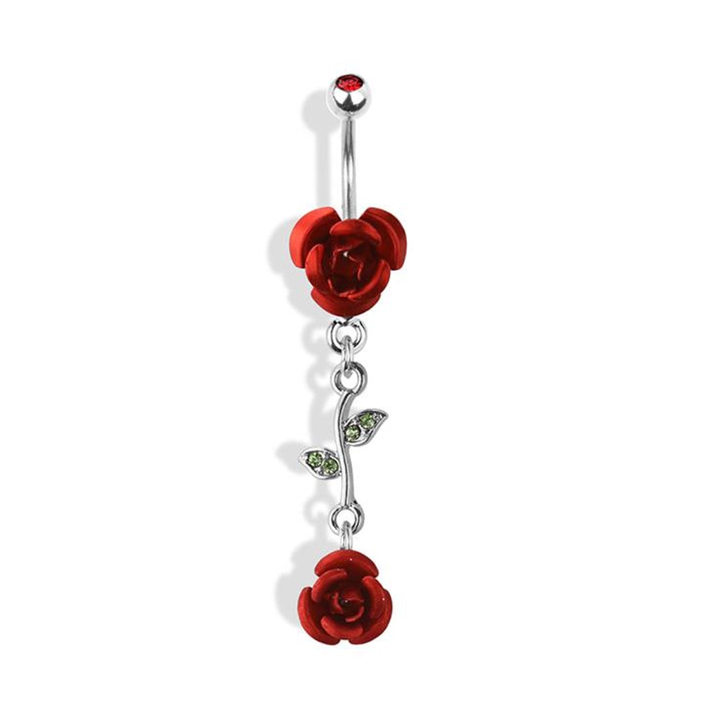 Rose Flower Dangle Belly Button Ring 14G 316L Surgical Steel