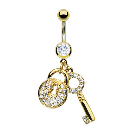 Lock Key CZ Dangle Belly Ring 14G Gold Plated 316L Surgical Steel