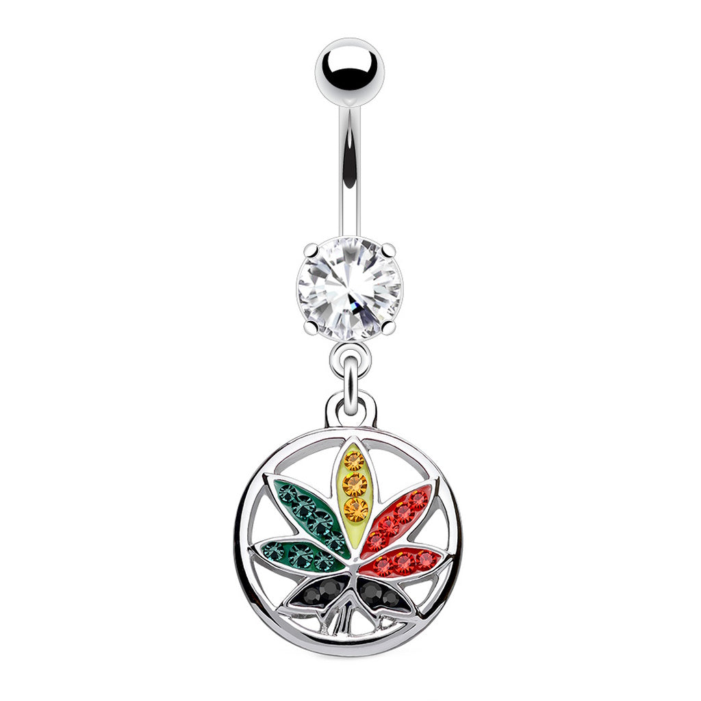 Multicolor Marijuana Leaf CZ Dangle Belly Button Ring 14G 316L Surgical Steel Brass