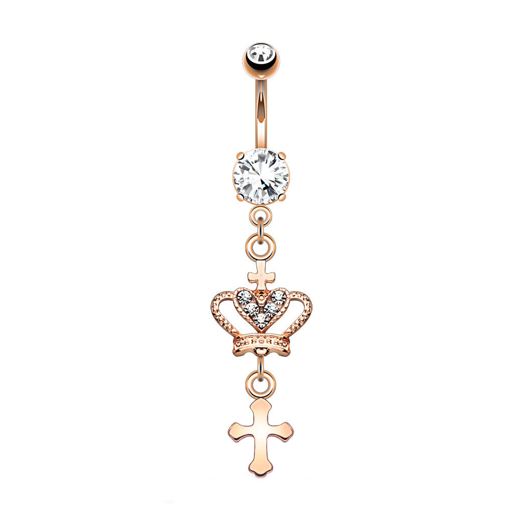 Rose Gold Crown Cross Dangle Belly Button Ring 14G 316L Surgical Steel
