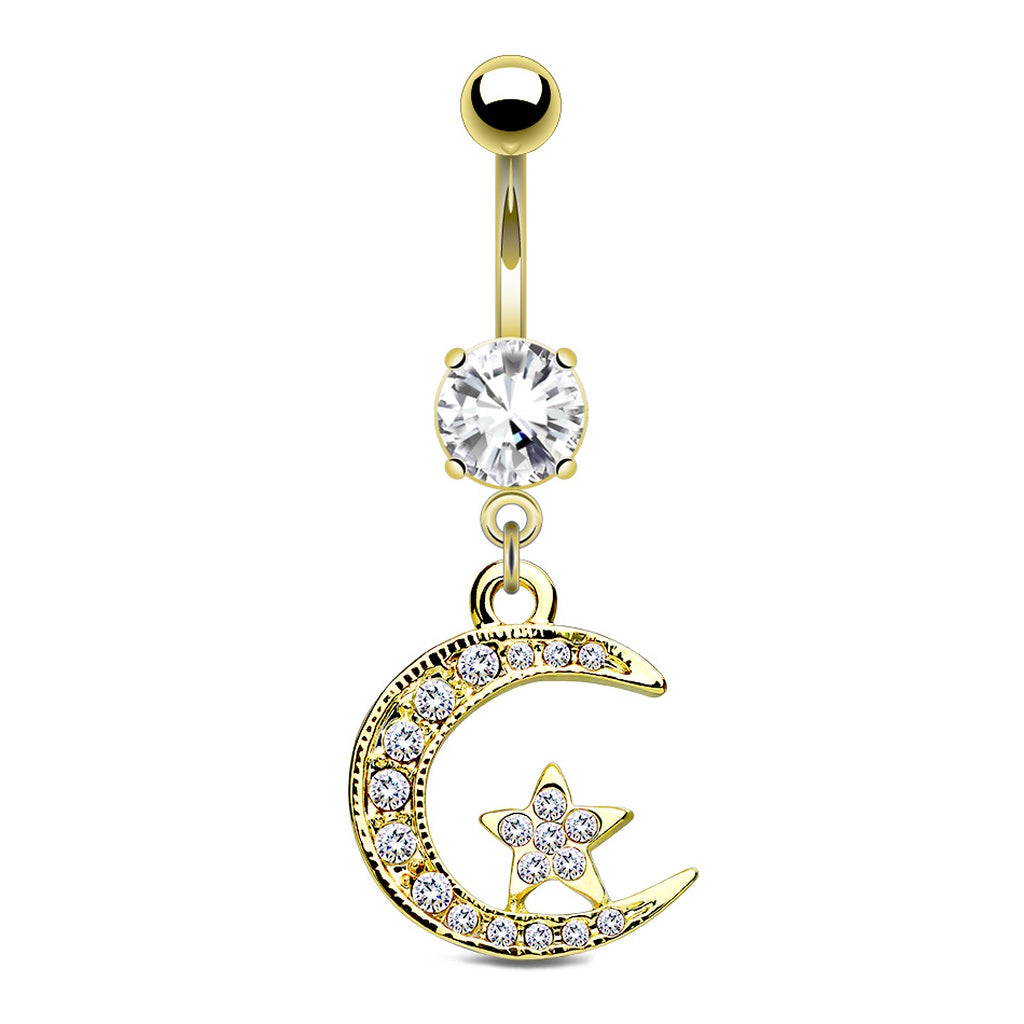 Moon Star CZ Belly Button Ring 14G Gold Plated 316L Surgical Steel