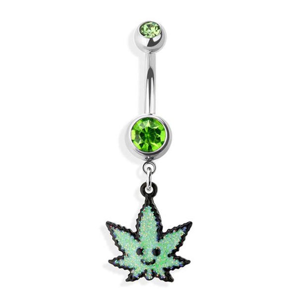 Glitter Smiley Green Marijuana Leaf Dangle Belly Button Ring 14G 316L Surgical Steel