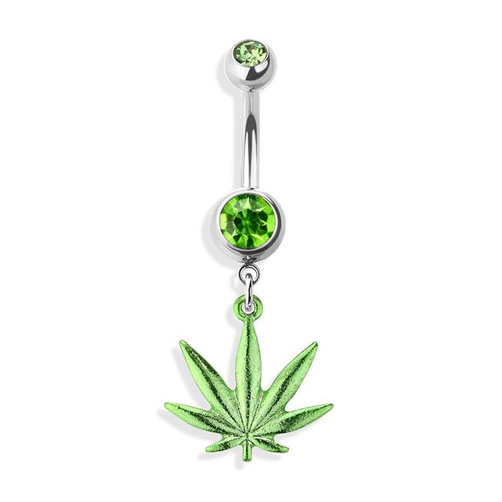 Metallic Green Marijuana Leaf Belly Button Ring 14G 316L Surgical Steel