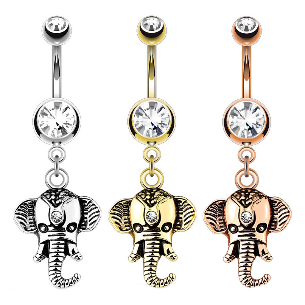 Elephant Clear CZ Dangle Belly Ring 14G 316L Surgical Steel