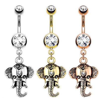 Elephant Clear CZ Dangle Belly Ring 14G 316L Surgical Steel