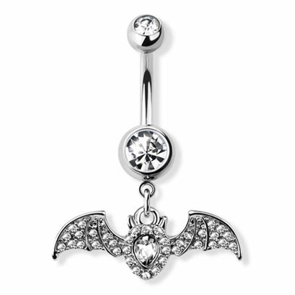 Bat CZ Dangle Belly Button Ring 14G 316L Surgical Steel