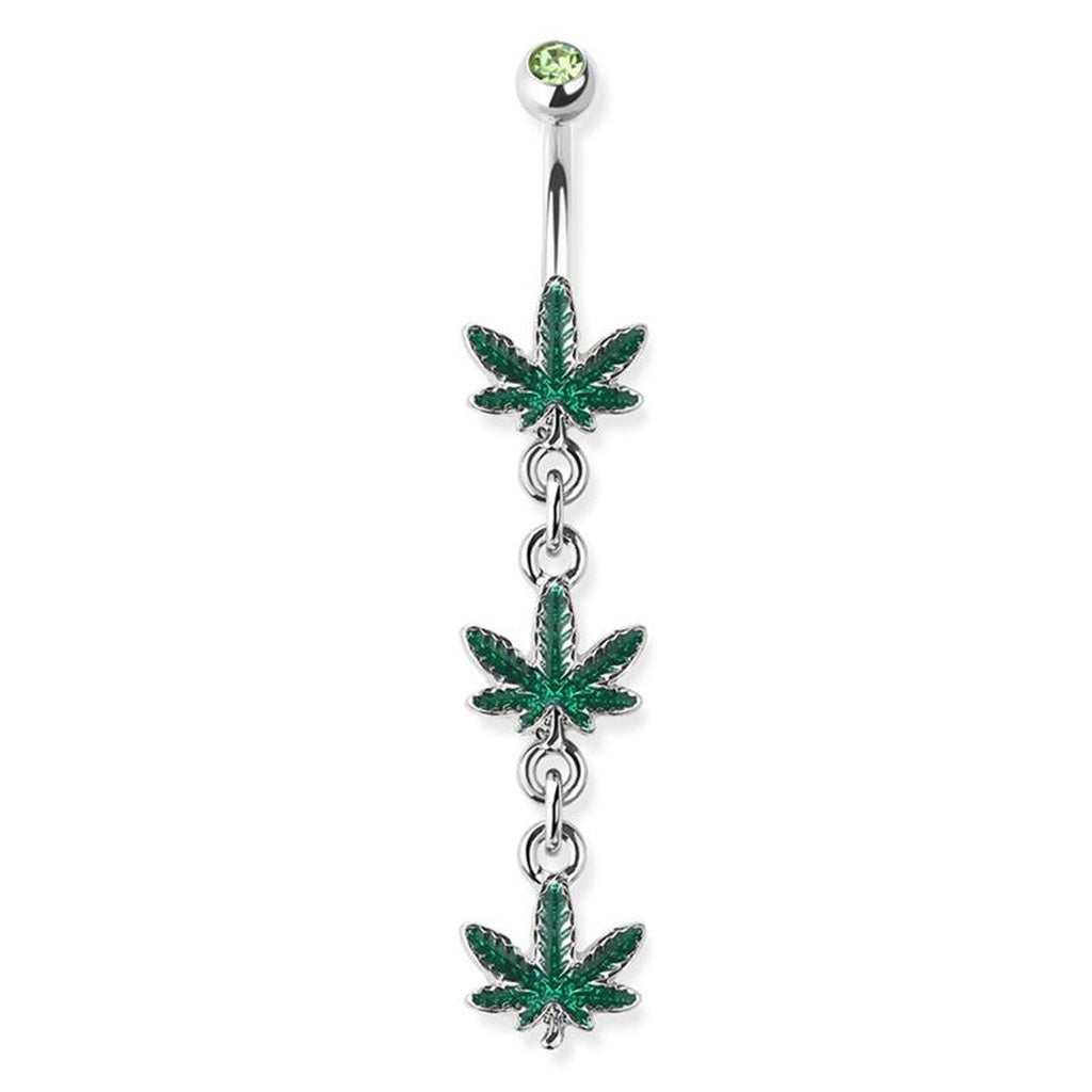 Triple Marijuana Leaf Green CZ Dangle Belly Ring 14G 316L Surgical Steel