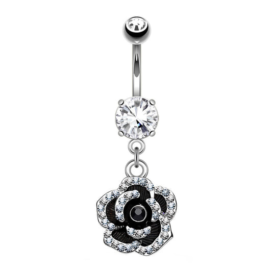 Black Rose CZ Dangle Belly Button Ring 14G 316L Surgical Steel
