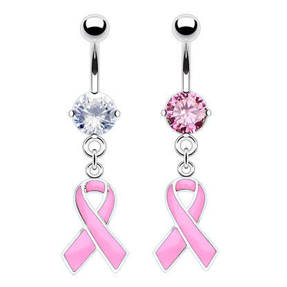 Breast Cancer Awareness Pink Ribbon CZ Dangle Belly Ring 14G 316L Surgical Steel
