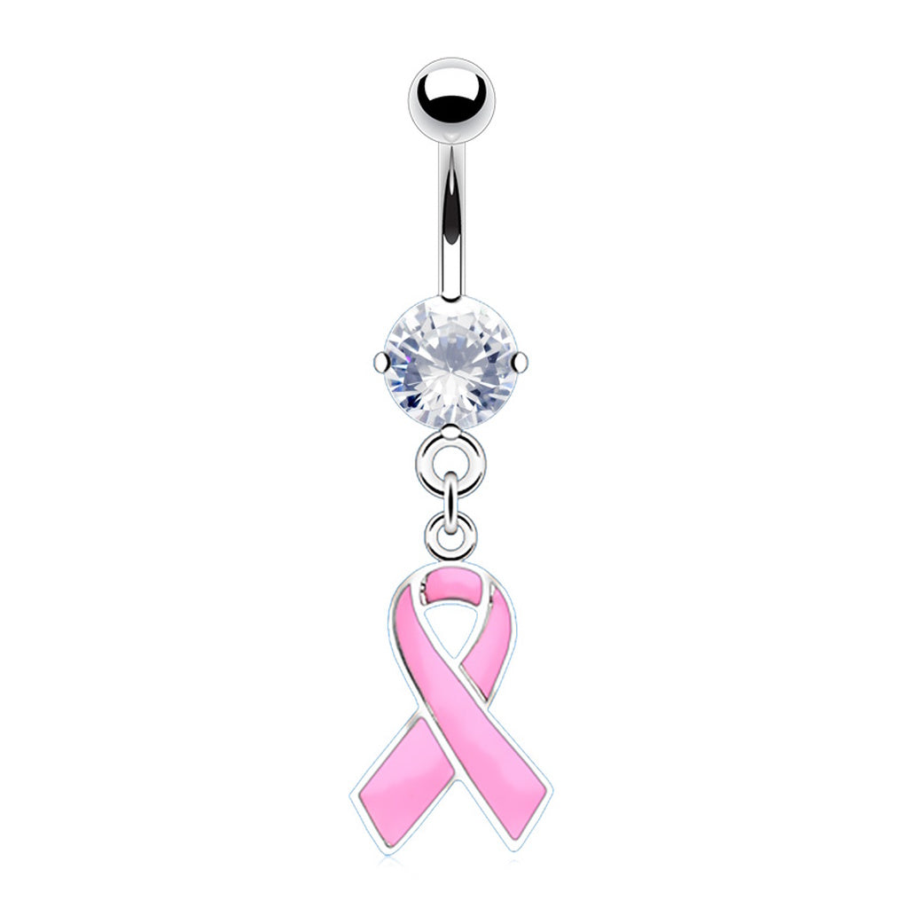 Breast Cancer Awareness Pink Ribbon CZ Dangle Belly Ring 14G 316L Surgical Steel