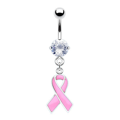 Breast Cancer Awareness Pink Ribbon CZ Dangle Belly Ring 14G 316L Surgical Steel