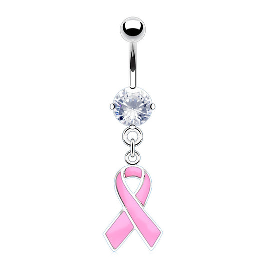 Breast Cancer Awareness Pink Ribbon CZ Dangle Belly Ring 14G 316L Surgical Steel