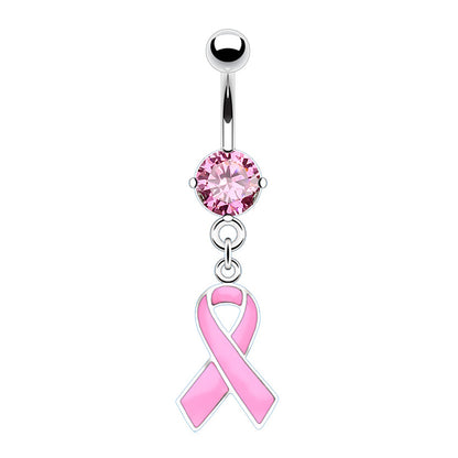 Breast Cancer Awareness Pink Ribbon CZ Dangle Belly Ring 14G 316L Surgical Steel