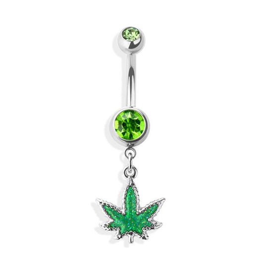 Marijuana Leaf CZ Dangle Belly Button Ring 14G 316L Surgical Steel Green Pink
