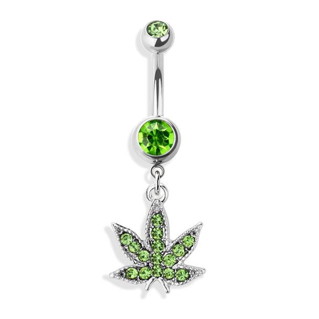 Green CZ Marijuana Leaf Dangle Belly Button Ring 14G 316L Surgical Steel