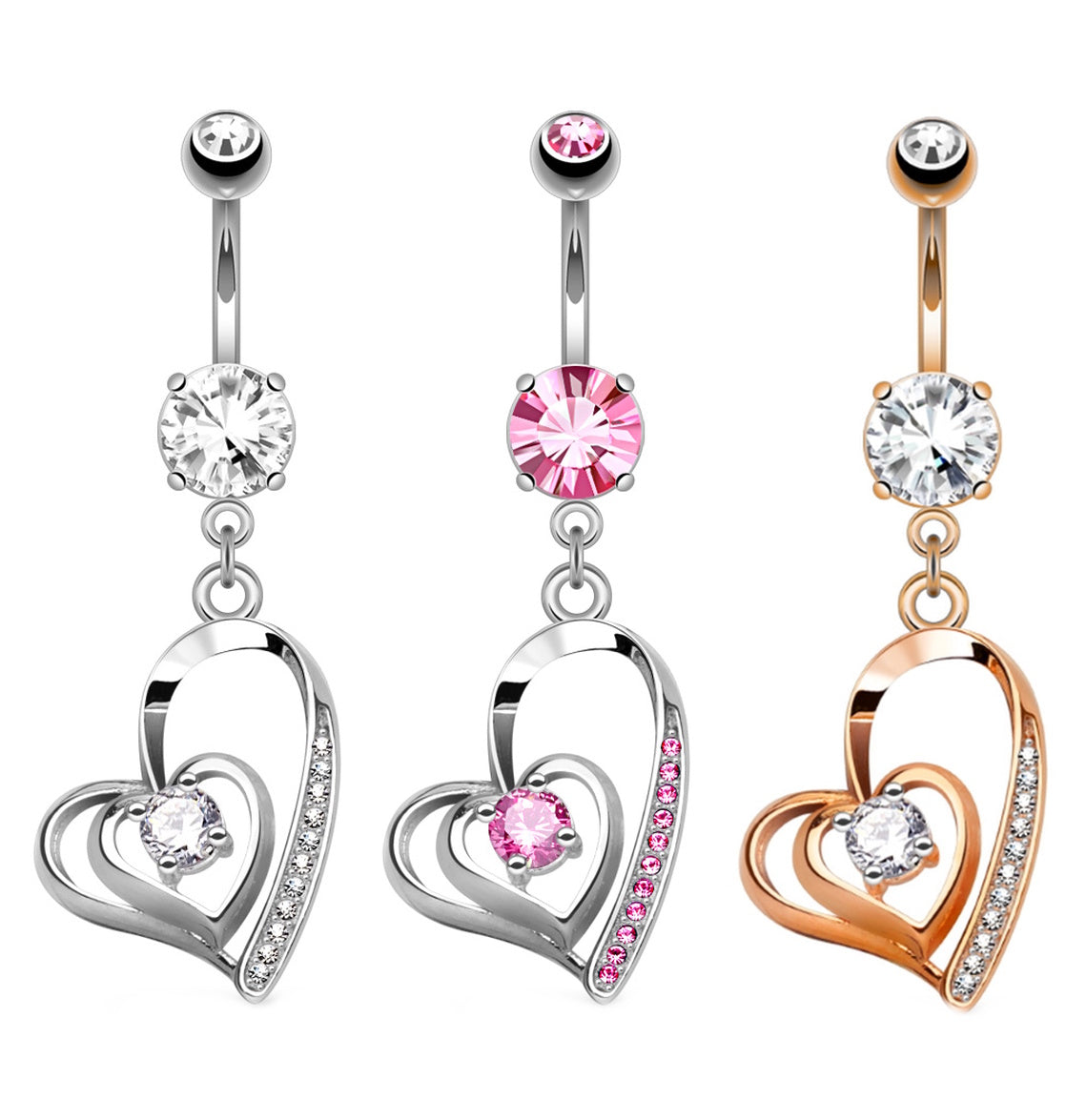 Double Heart CZ Dangle Belly Button Ring 14G Surgical Steel