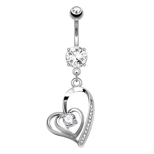 Double Heart CZ Dangle Belly Button Ring 14G Surgical Steel