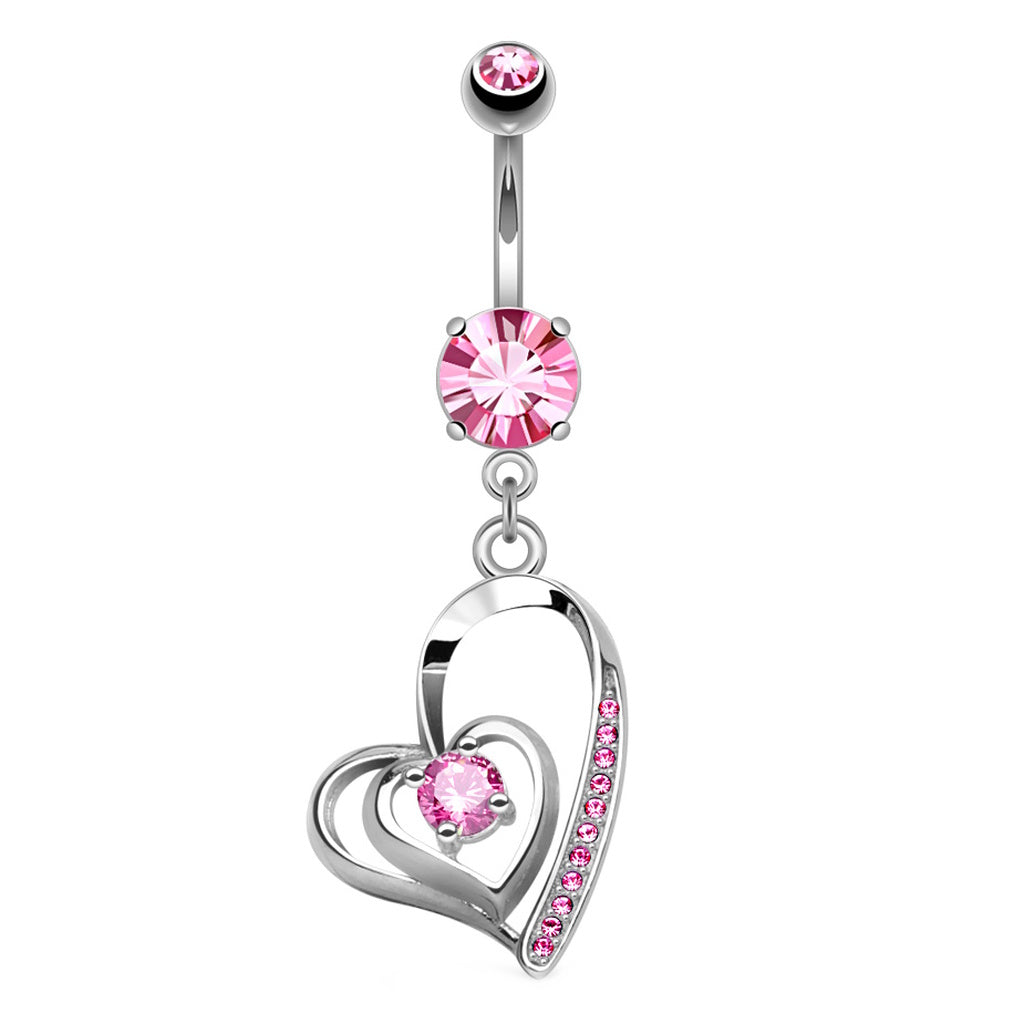 Double Heart CZ Dangle Belly Button Ring 14G Surgical Steel