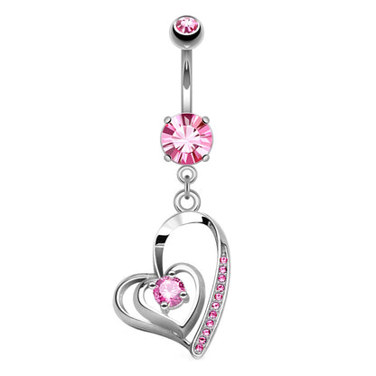 Double Heart CZ Dangle Belly Button Ring 14G Surgical Steel