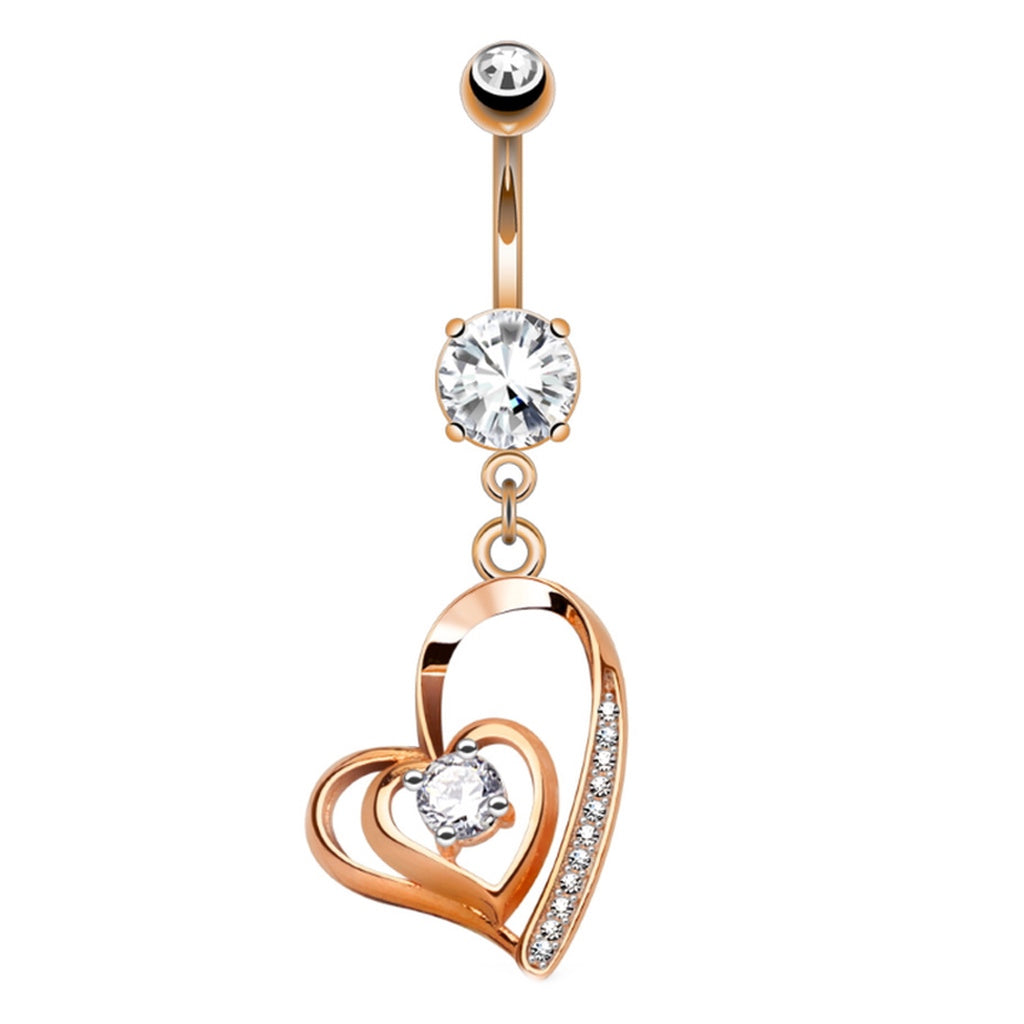 Double Heart CZ Dangle Belly Button Ring 14G Surgical Steel