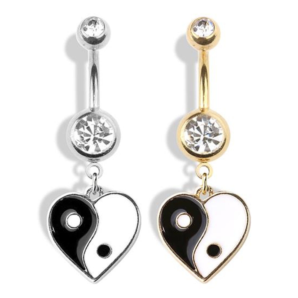 Yin Yang Heart CZ Dangle Belly Button Ring 14G 316L Surgical Steel