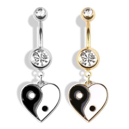 Yin Yang Heart CZ Dangle Belly Button Ring 14G 316L Surgical Steel